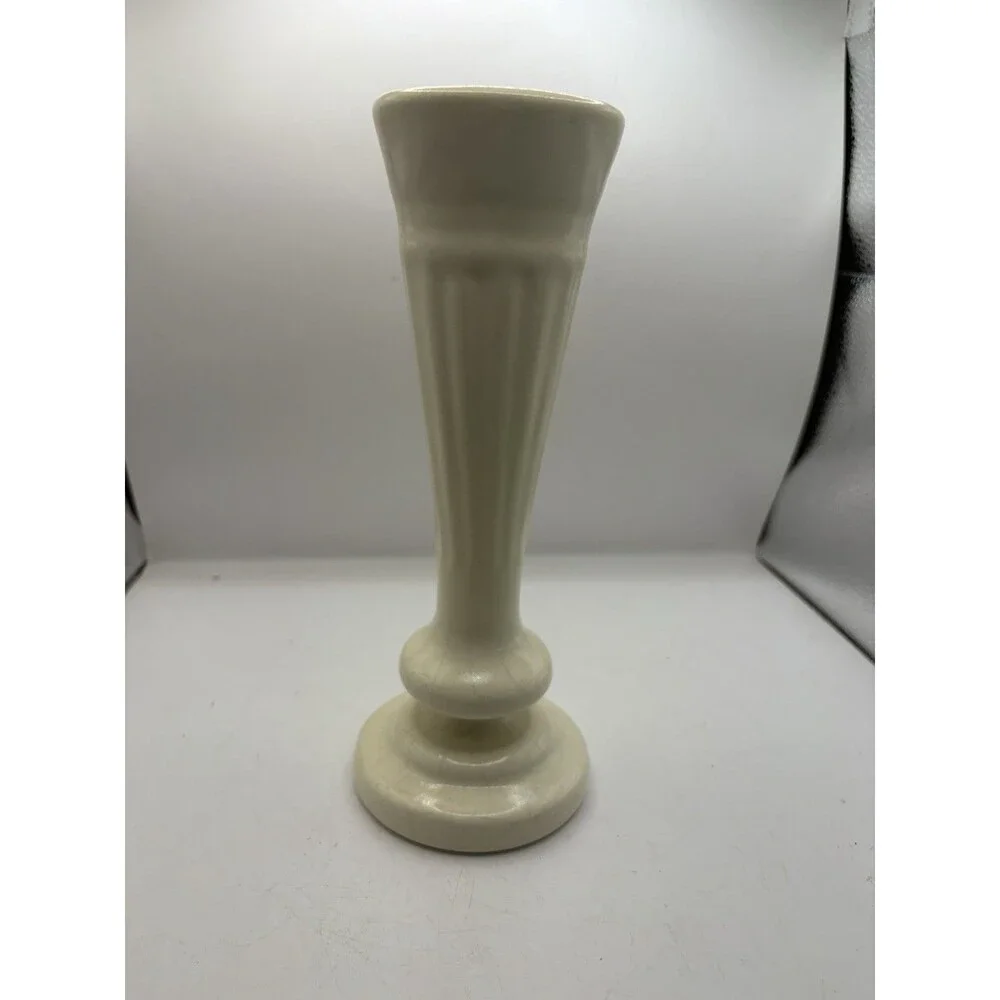 Vintage Haeger Stoneware Pottery Footed Trumpet Vase Cream Color Ceramic #3967
